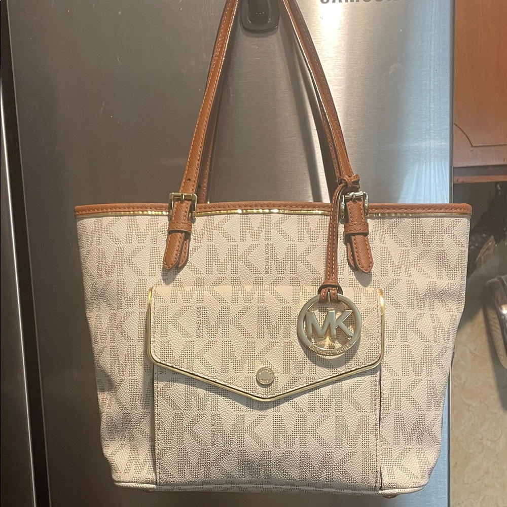 Michael Kors Beige Logo Canvas Tote with Brown Trim